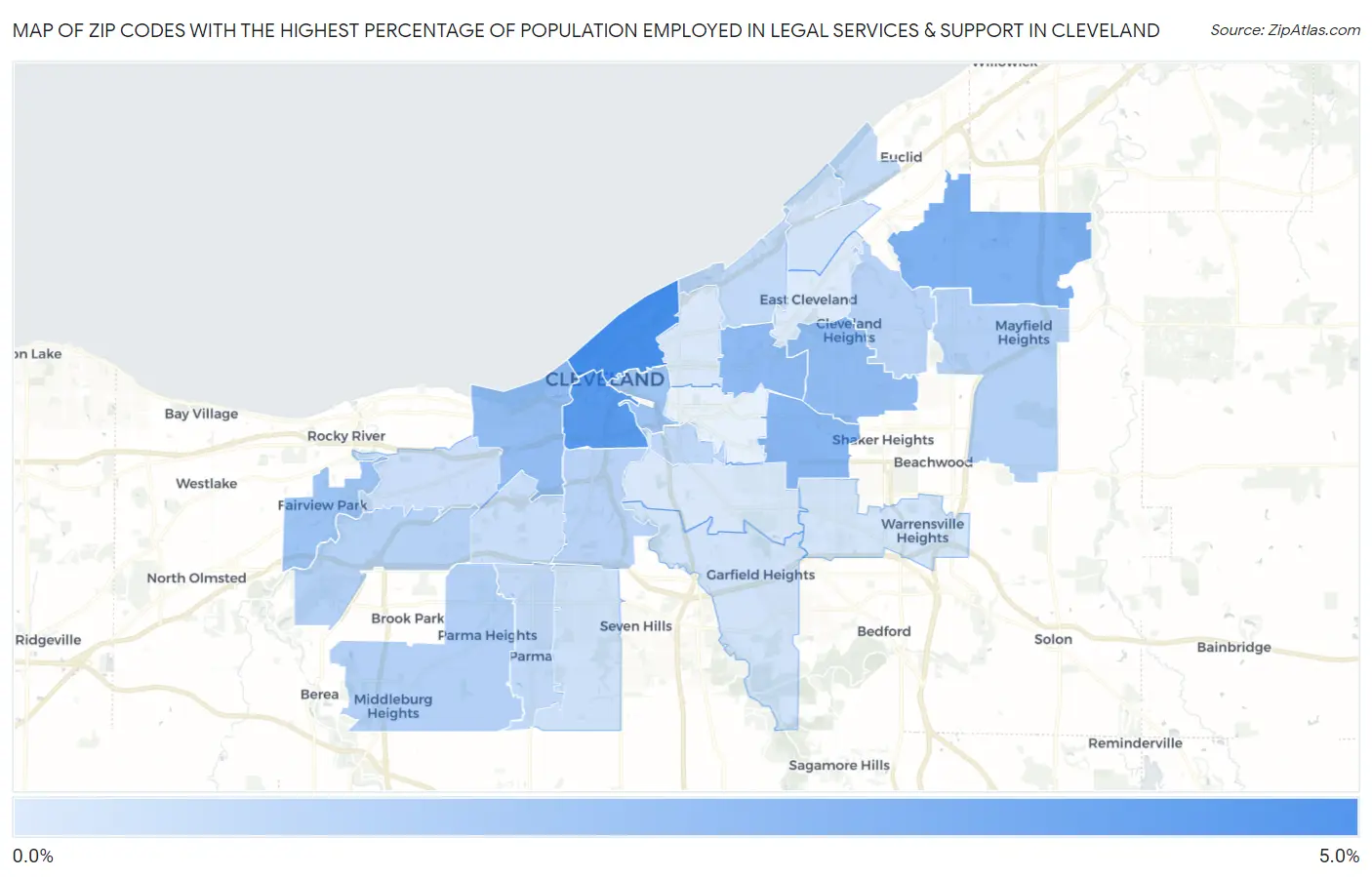 Zip Codes with the Highest Percentage of Population Employed in Legal Services & Support in Cleveland Map