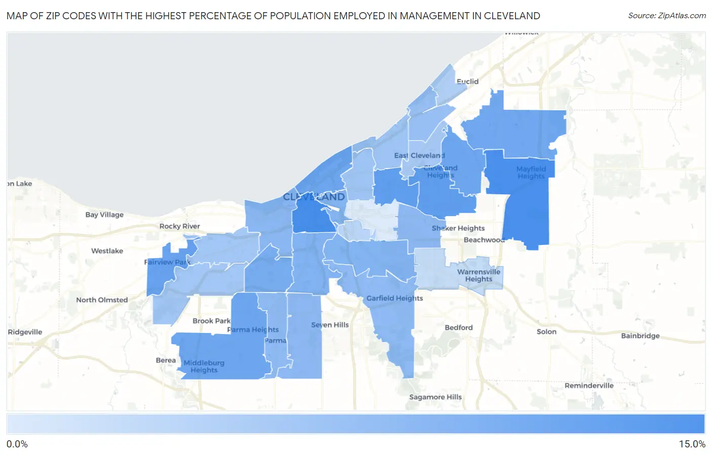 Zip Codes with the Highest Percentage of Population Employed in Management in Cleveland Map