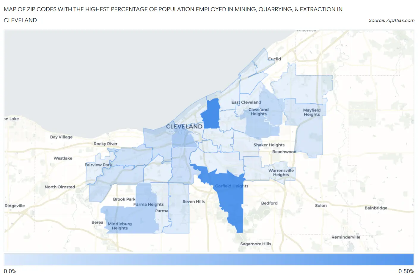 Zip Codes with the Highest Percentage of Population Employed in Mining, Quarrying, & Extraction in Cleveland Map