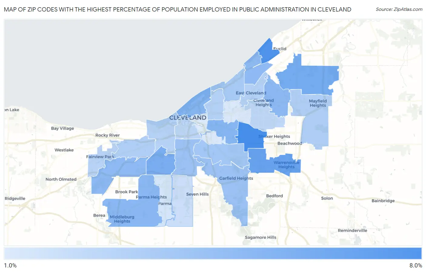 Zip Codes with the Highest Percentage of Population Employed in Public Administration in Cleveland Map