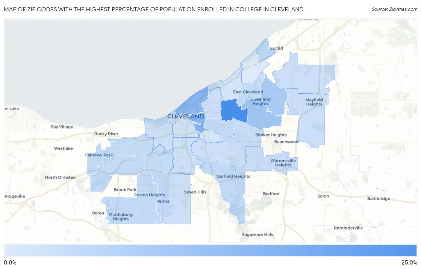 Zip Codes with the Highest Percentage of Population Enrolled in College in Cleveland Map
