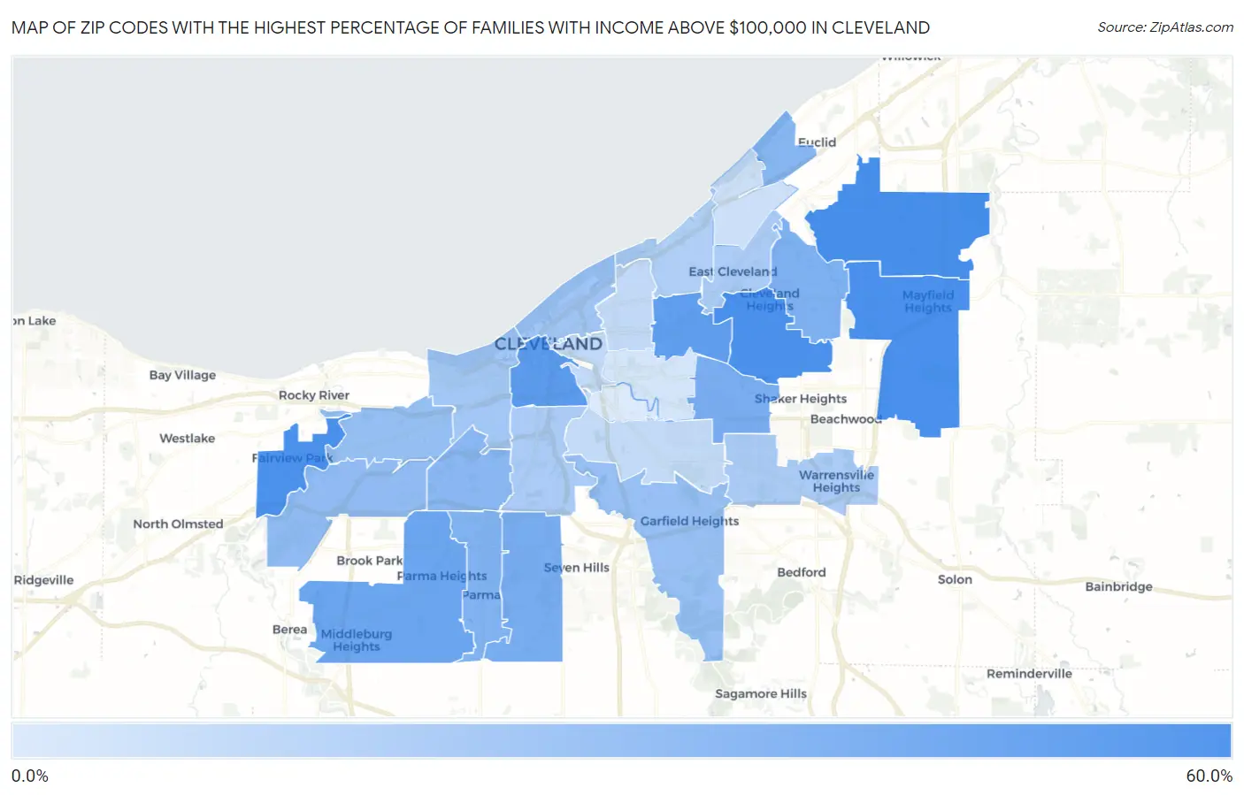 Zip Codes with the Highest Percentage of Families with Income Above $100,000 in Cleveland Map
