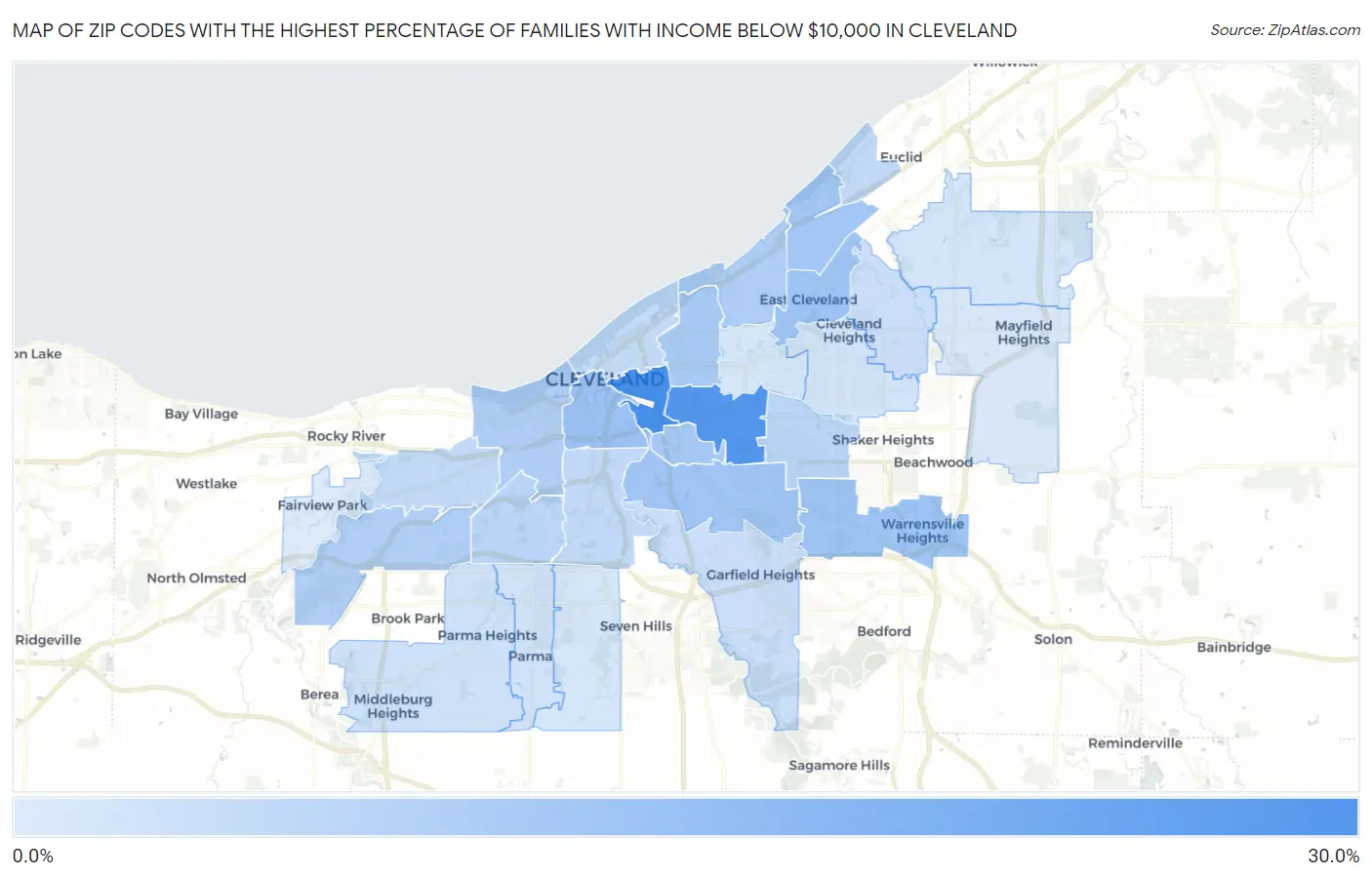 Zip Codes with the Highest Percentage of Families with Income Below $10,000 in Cleveland Map