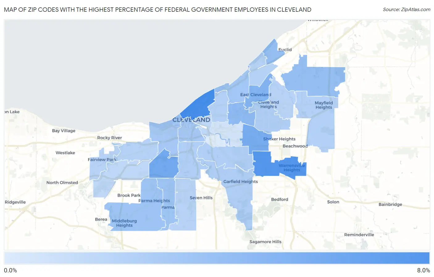 Zip Codes with the Highest Percentage of Federal Government Employees in Cleveland Map