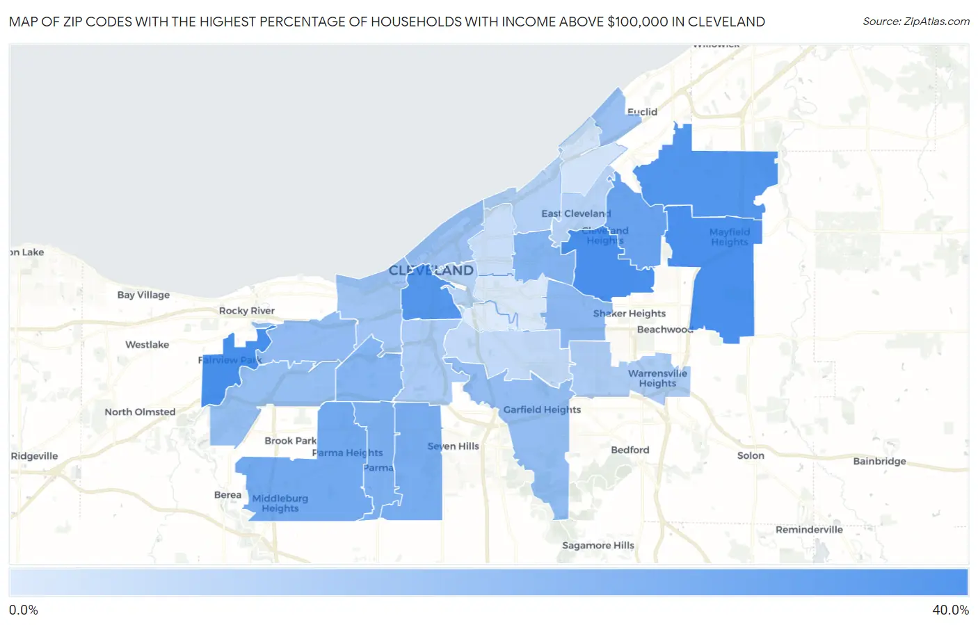 Zip Codes with the Highest Percentage of Households with Income Above $100,000 in Cleveland Map