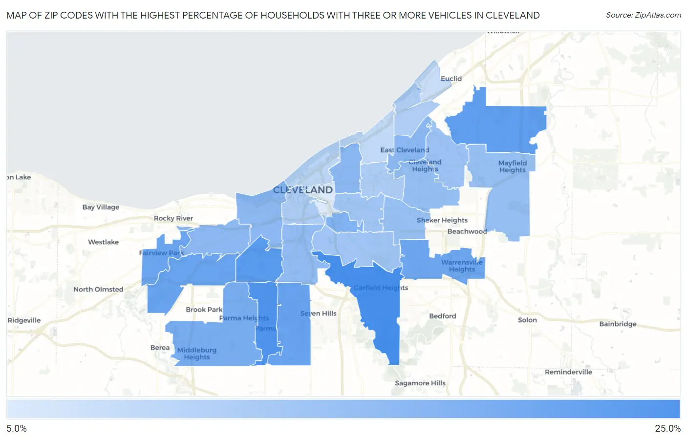 Zip Codes with the Highest Percentage of Households With Three or more Vehicles in Cleveland Map