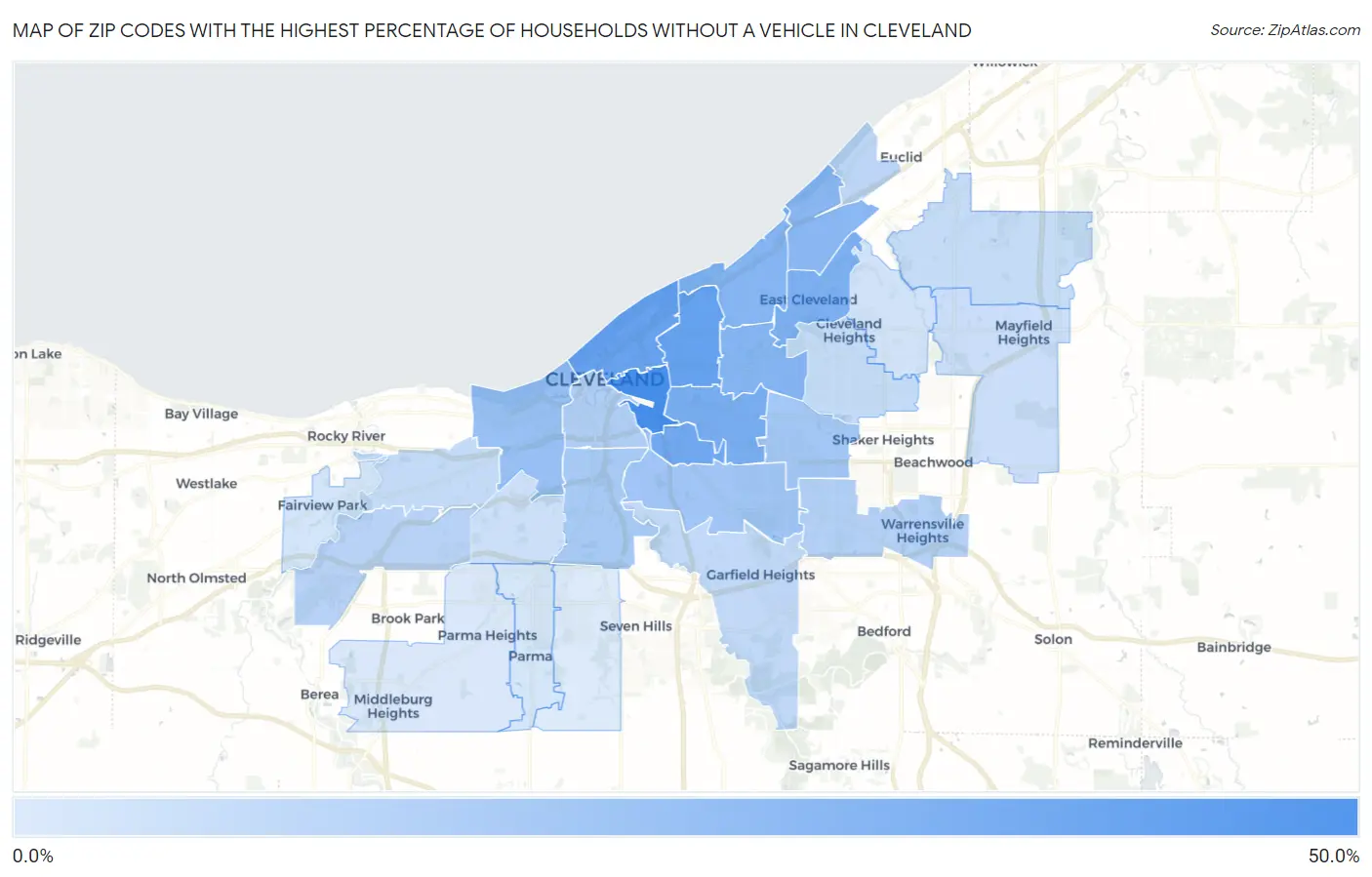 Zip Codes with the Highest Percentage of Households Without a Vehicle in Cleveland Map