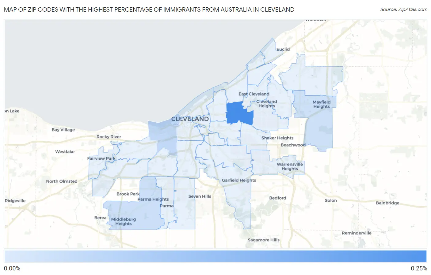 Zip Codes with the Highest Percentage of Immigrants from Australia in Cleveland Map