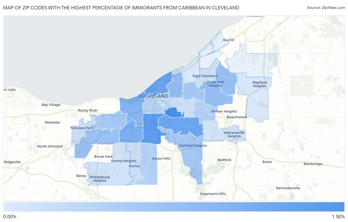 Zip Codes with the Highest Percentage of Immigrants from Caribbean in Cleveland Map