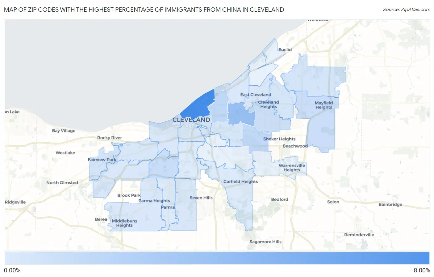 Zip Codes with the Highest Percentage of Immigrants from China in Cleveland Map