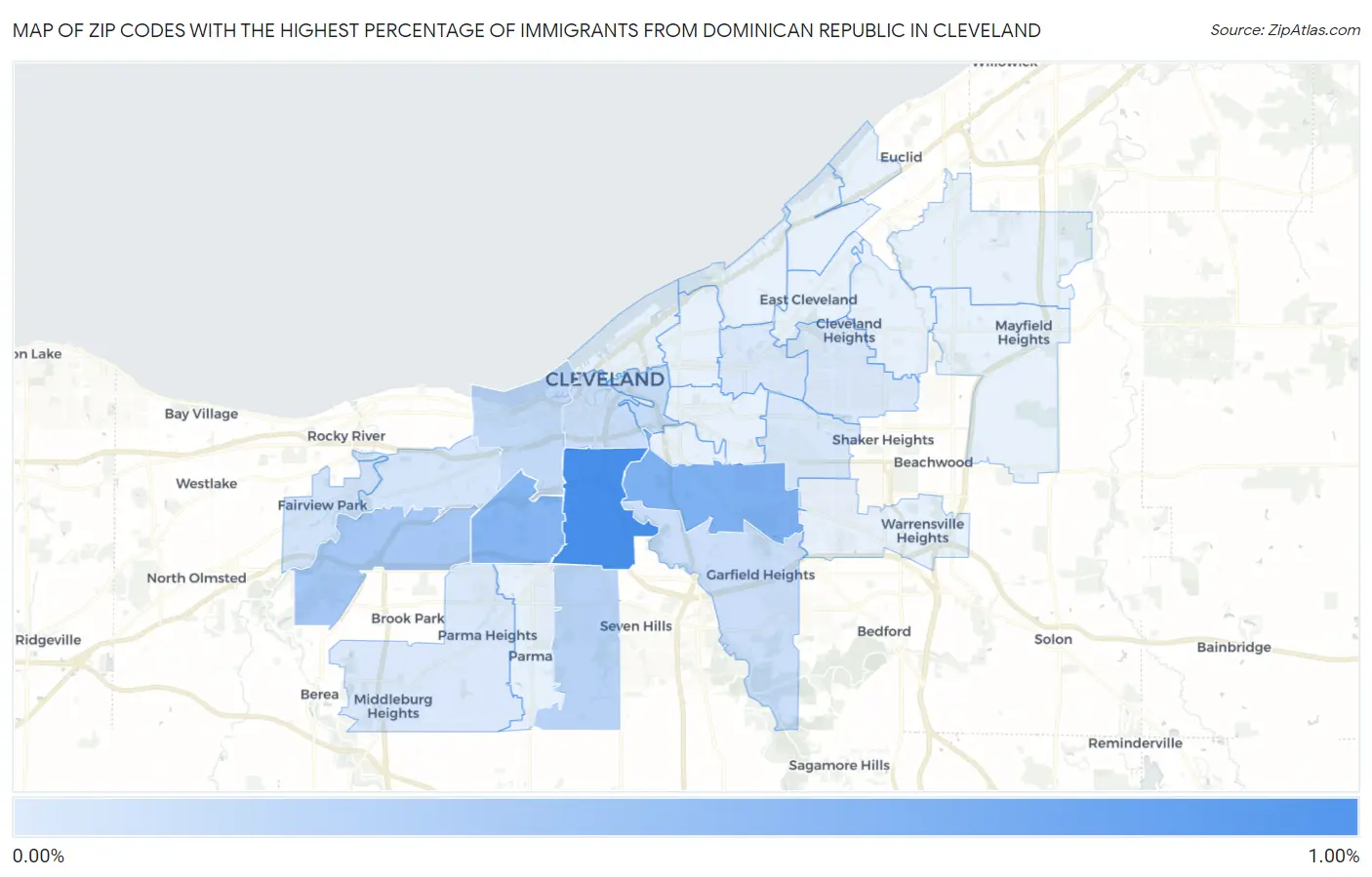 Zip Codes with the Highest Percentage of Immigrants from Dominican Republic in Cleveland Map