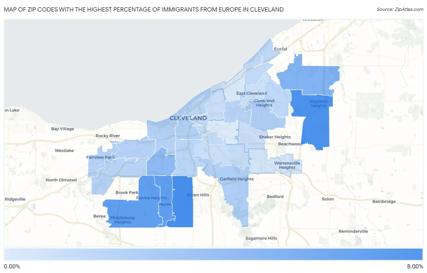 Zip Codes with the Highest Percentage of Immigrants from Europe in Cleveland Map