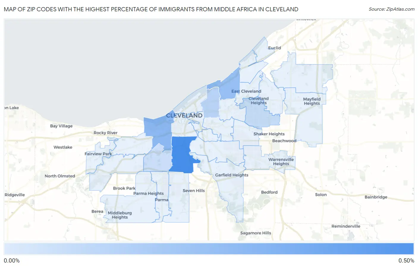 Zip Codes with the Highest Percentage of Immigrants from Middle Africa in Cleveland Map