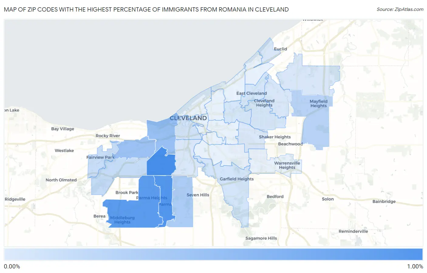 Zip Codes with the Highest Percentage of Immigrants from Romania in Cleveland Map