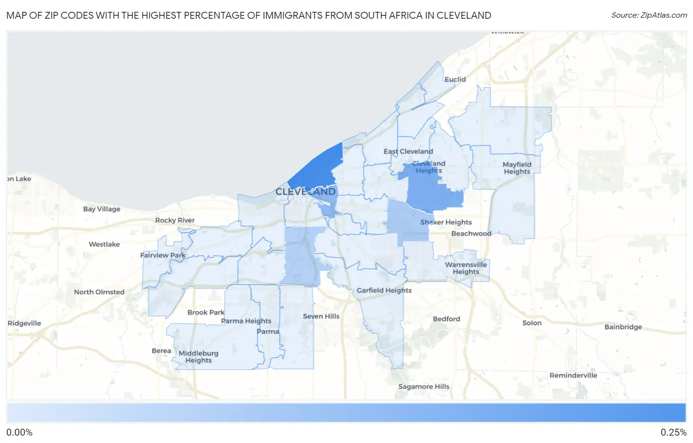 Zip Codes with the Highest Percentage of Immigrants from South Africa in Cleveland Map