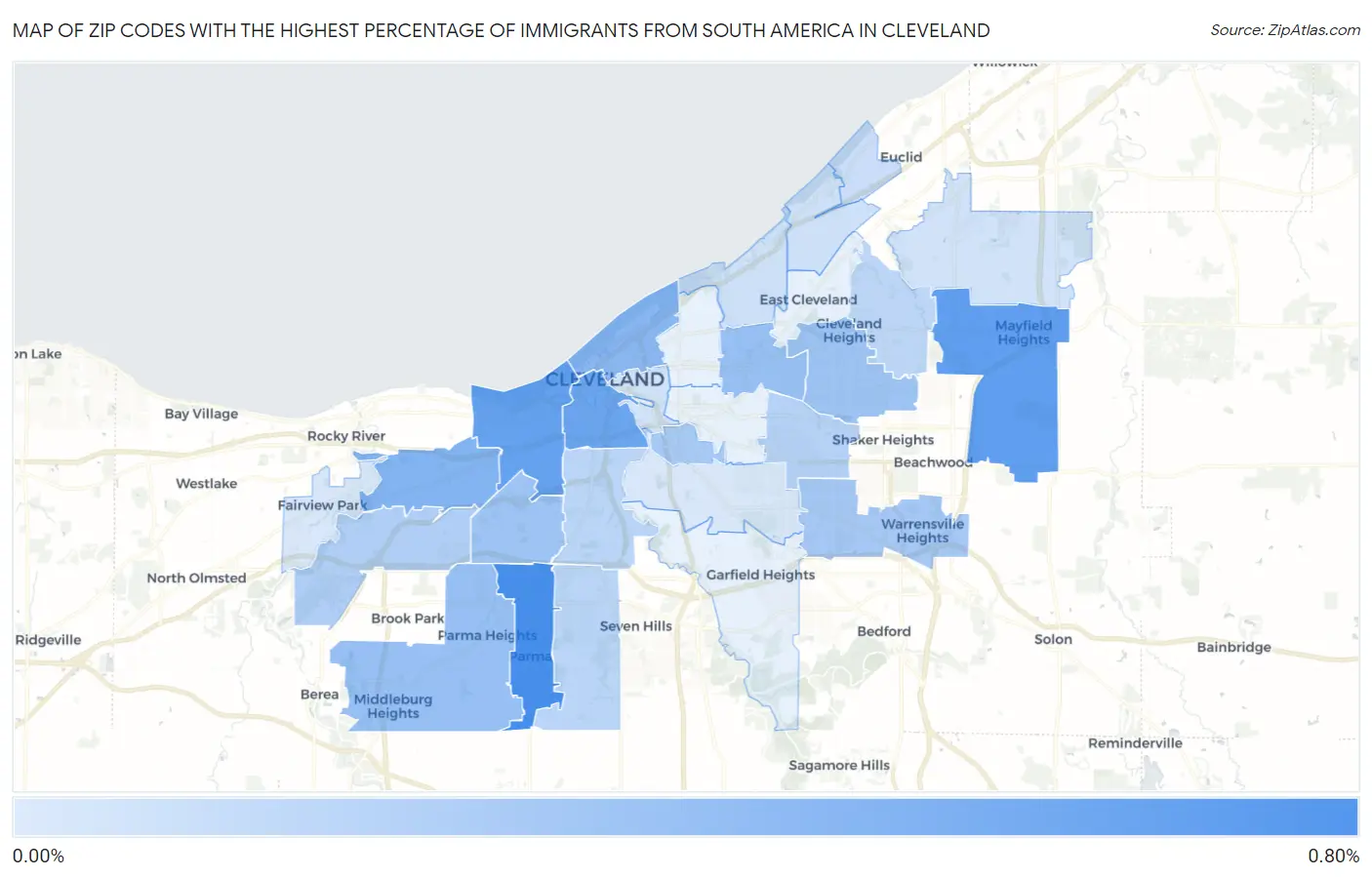 Zip Codes with the Highest Percentage of Immigrants from South America in Cleveland Map