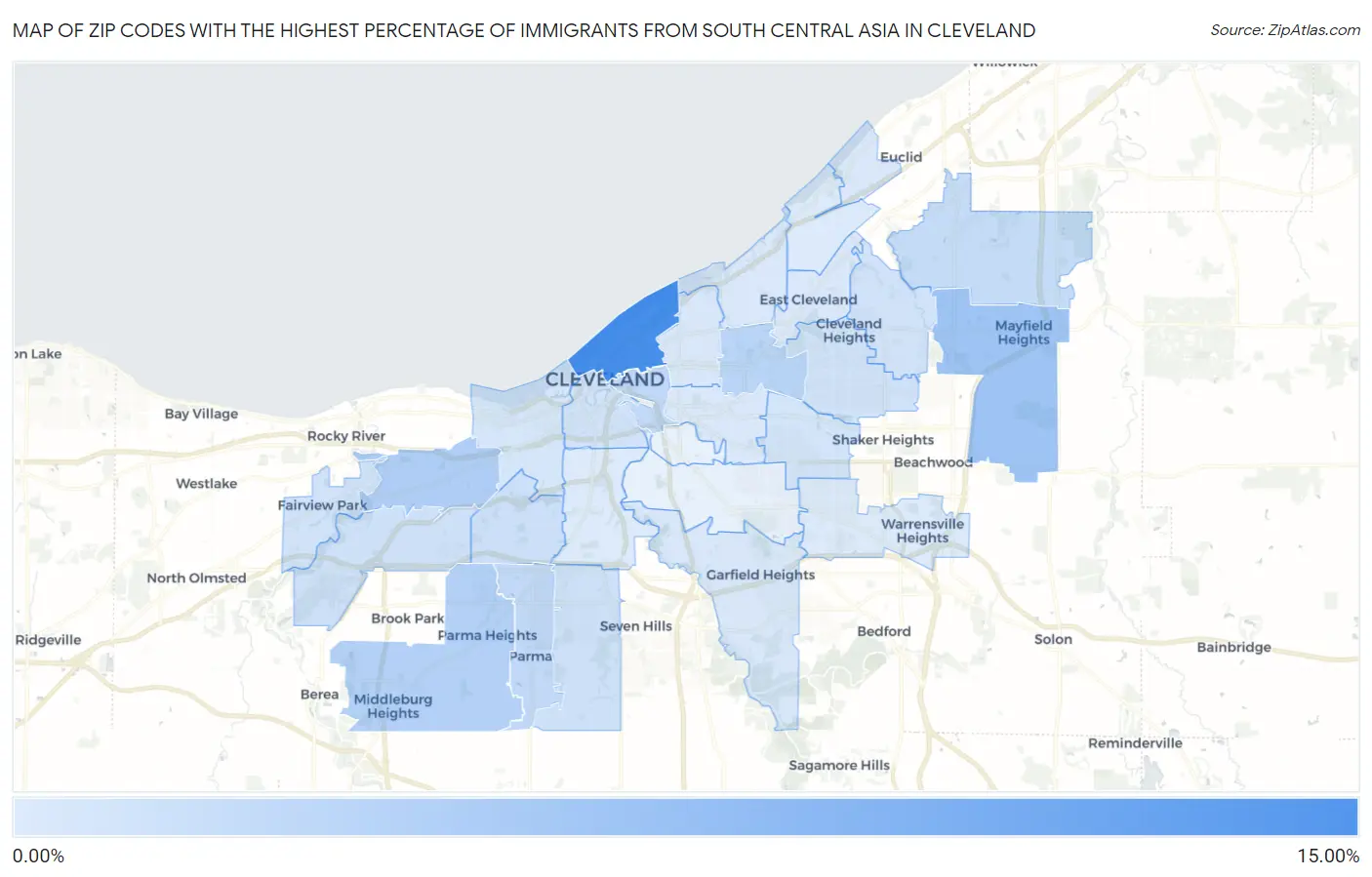 Zip Codes with the Highest Percentage of Immigrants from South Central Asia in Cleveland Map