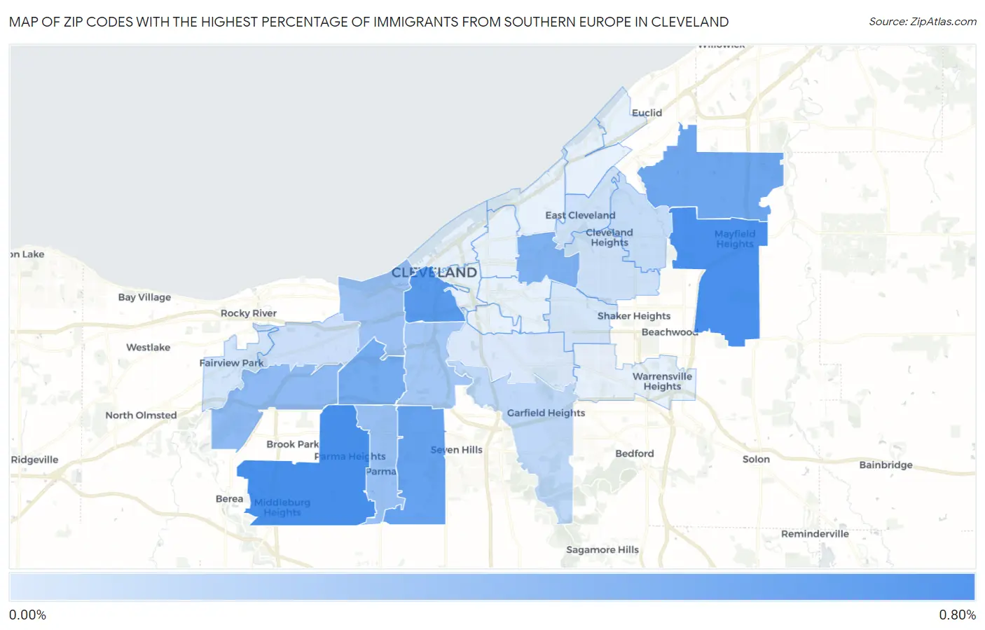 Zip Codes with the Highest Percentage of Immigrants from Southern Europe in Cleveland Map