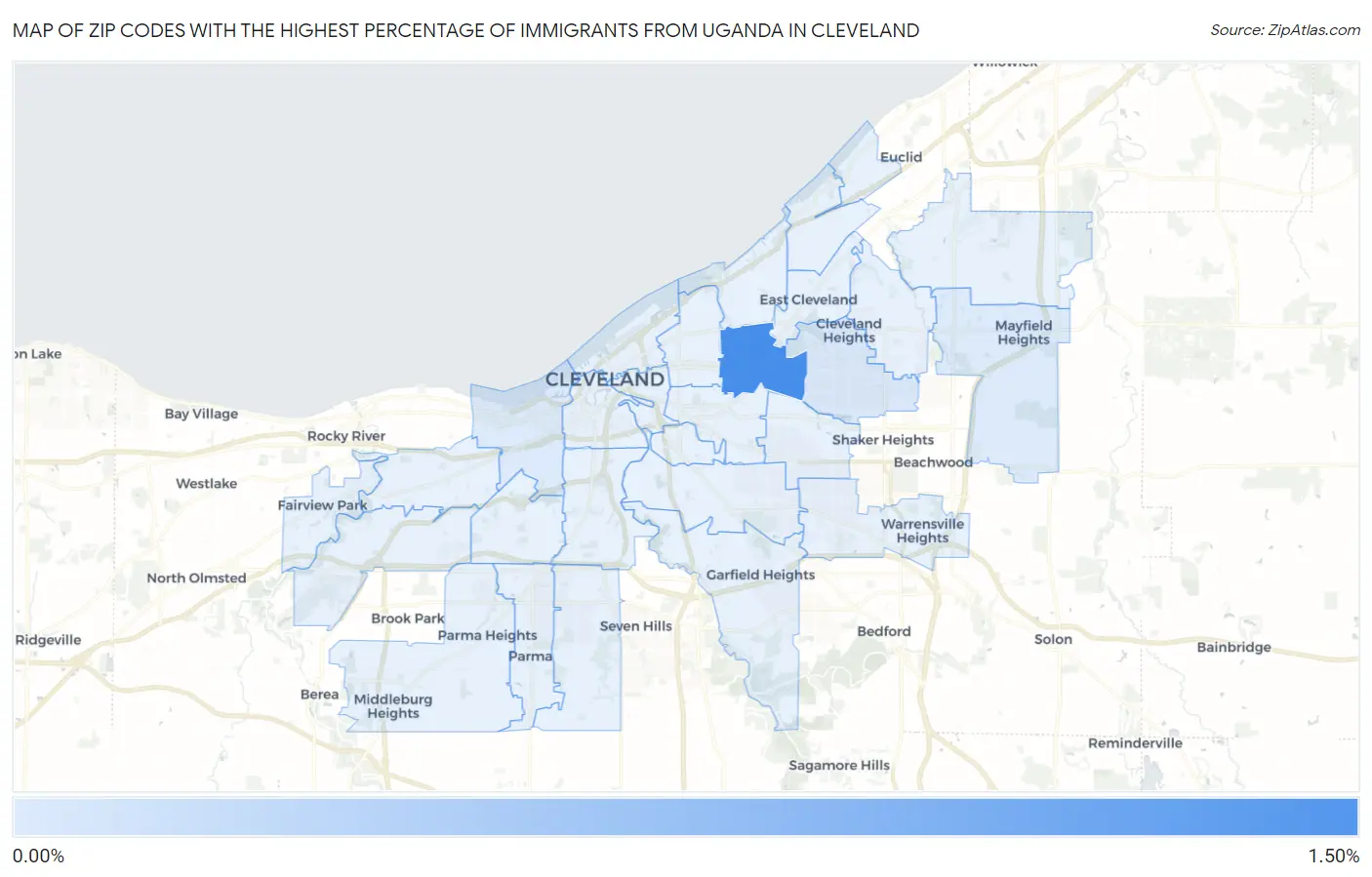Zip Codes with the Highest Percentage of Immigrants from Uganda in Cleveland Map