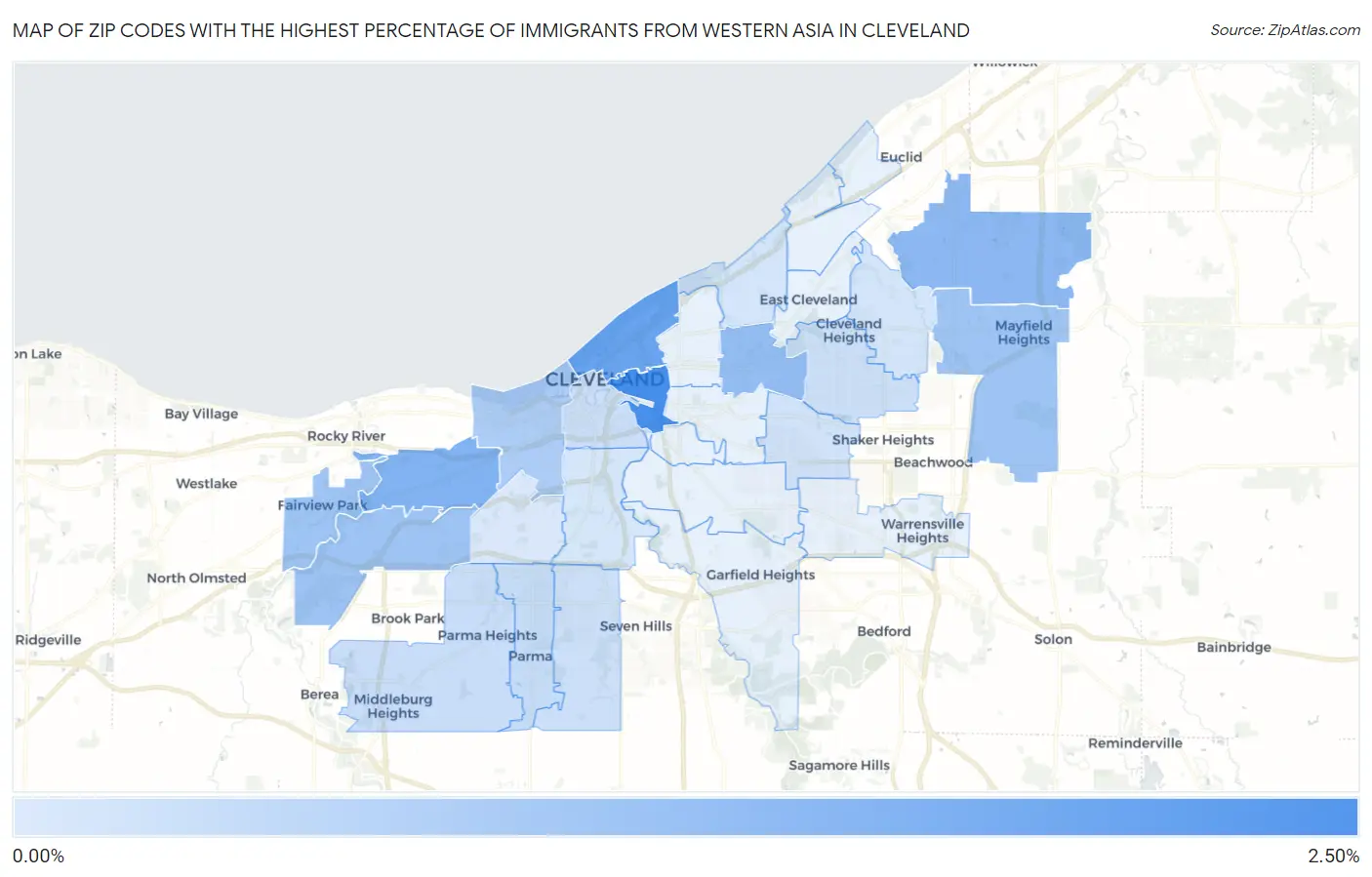 Zip Codes with the Highest Percentage of Immigrants from Western Asia in Cleveland Map