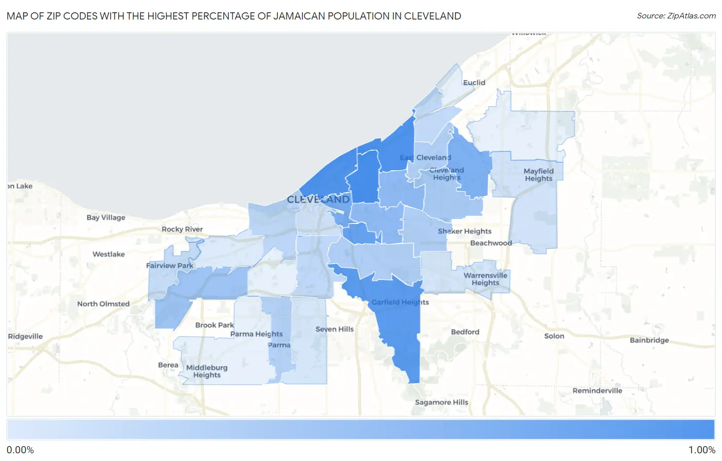 Zip Codes with the Highest Percentage of Jamaican Population in Cleveland Map