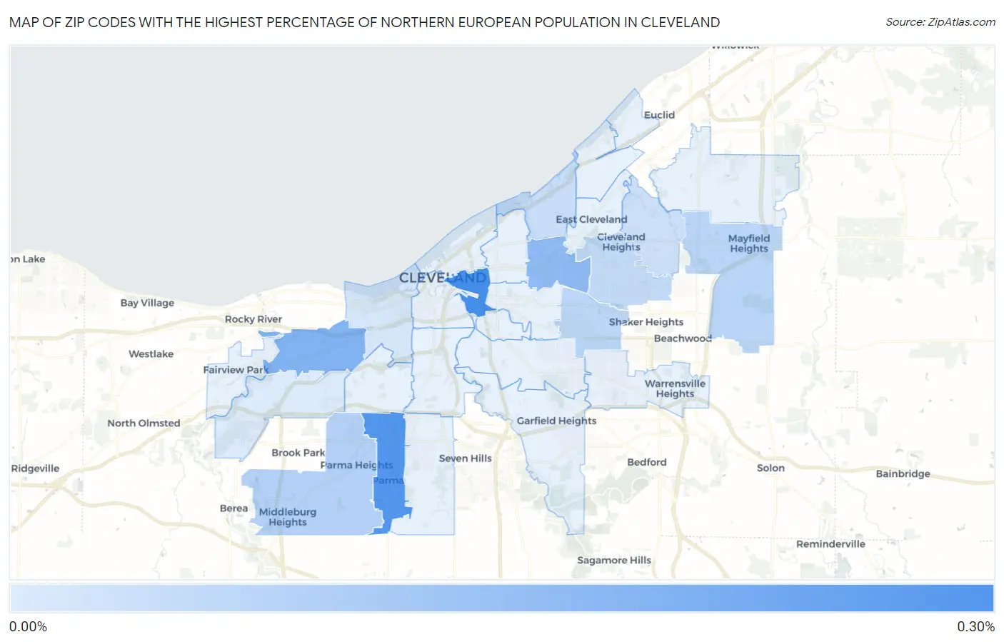 Zip Codes with the Highest Percentage of Northern European Population in Cleveland Map