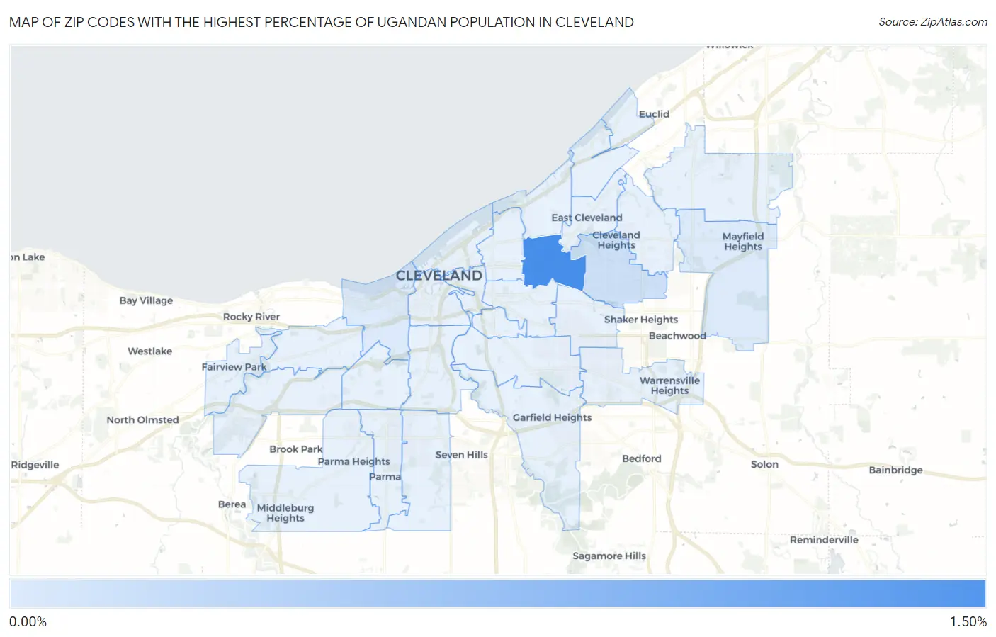 Zip Codes with the Highest Percentage of Ugandan Population in Cleveland Map