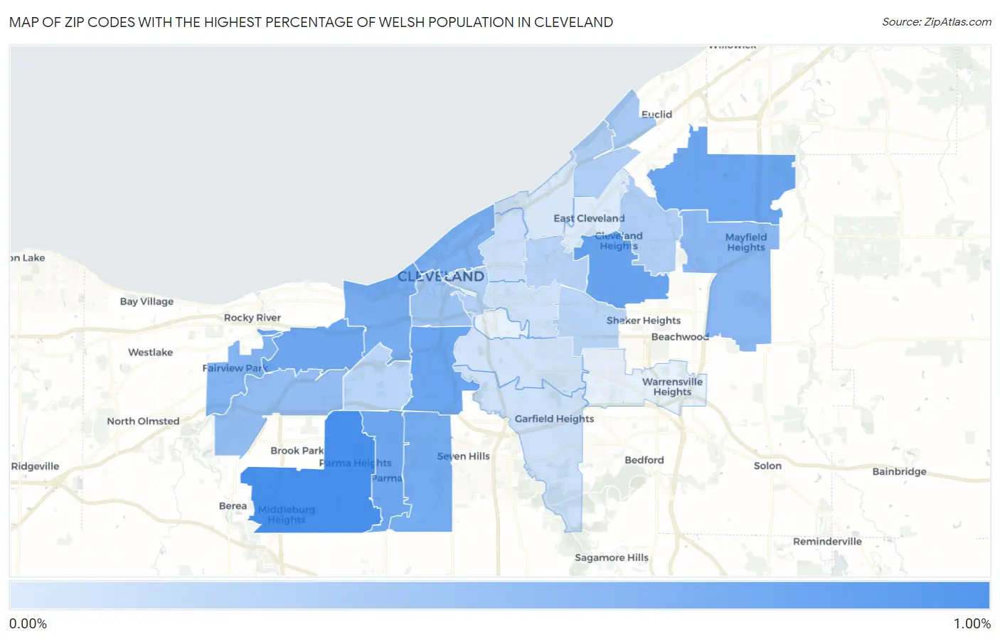 Zip Codes with the Highest Percentage of Welsh Population in Cleveland Map
