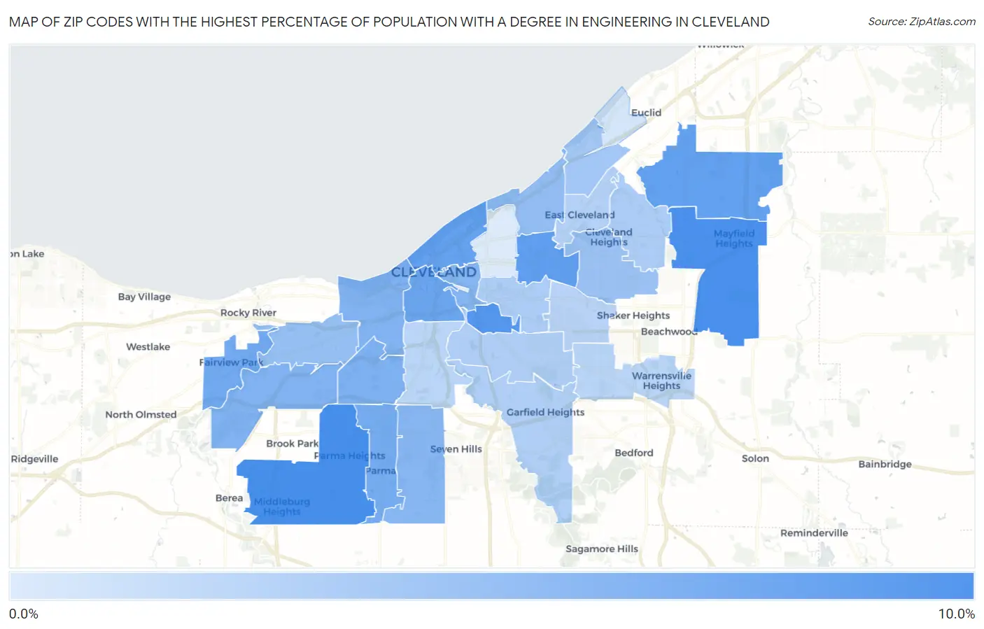 Zip Codes with the Highest Percentage of Population with a Degree in Engineering in Cleveland Map