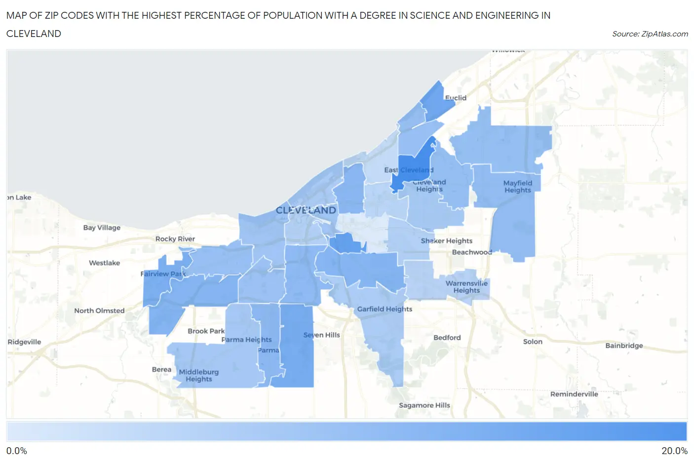 Zip Codes with the Highest Percentage of Population with a Degree in Science and Engineering in Cleveland Map