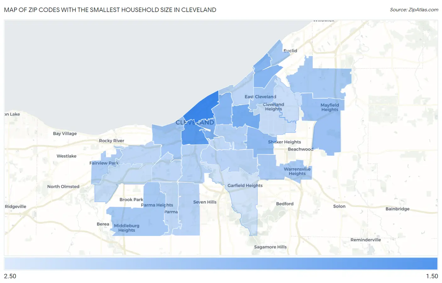 Zip Codes with the Smallest Household Size in Cleveland Map