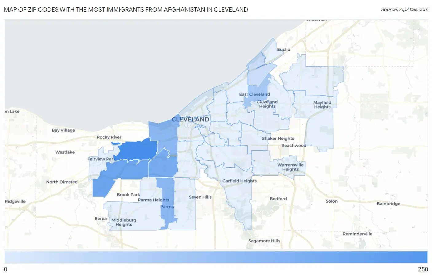 Zip Codes with the Most Immigrants from Afghanistan in Cleveland Map