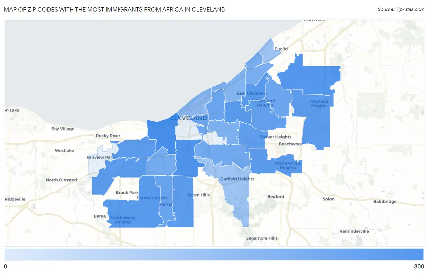 Zip Codes with the Most Immigrants from Africa in Cleveland Map