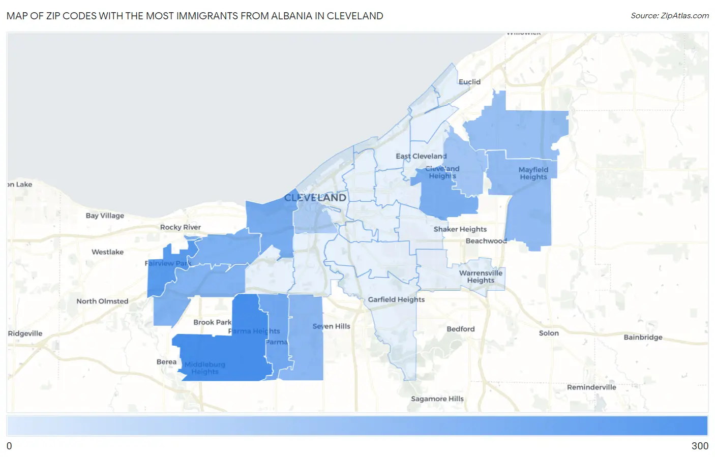 Zip Codes with the Most Immigrants from Albania in Cleveland Map