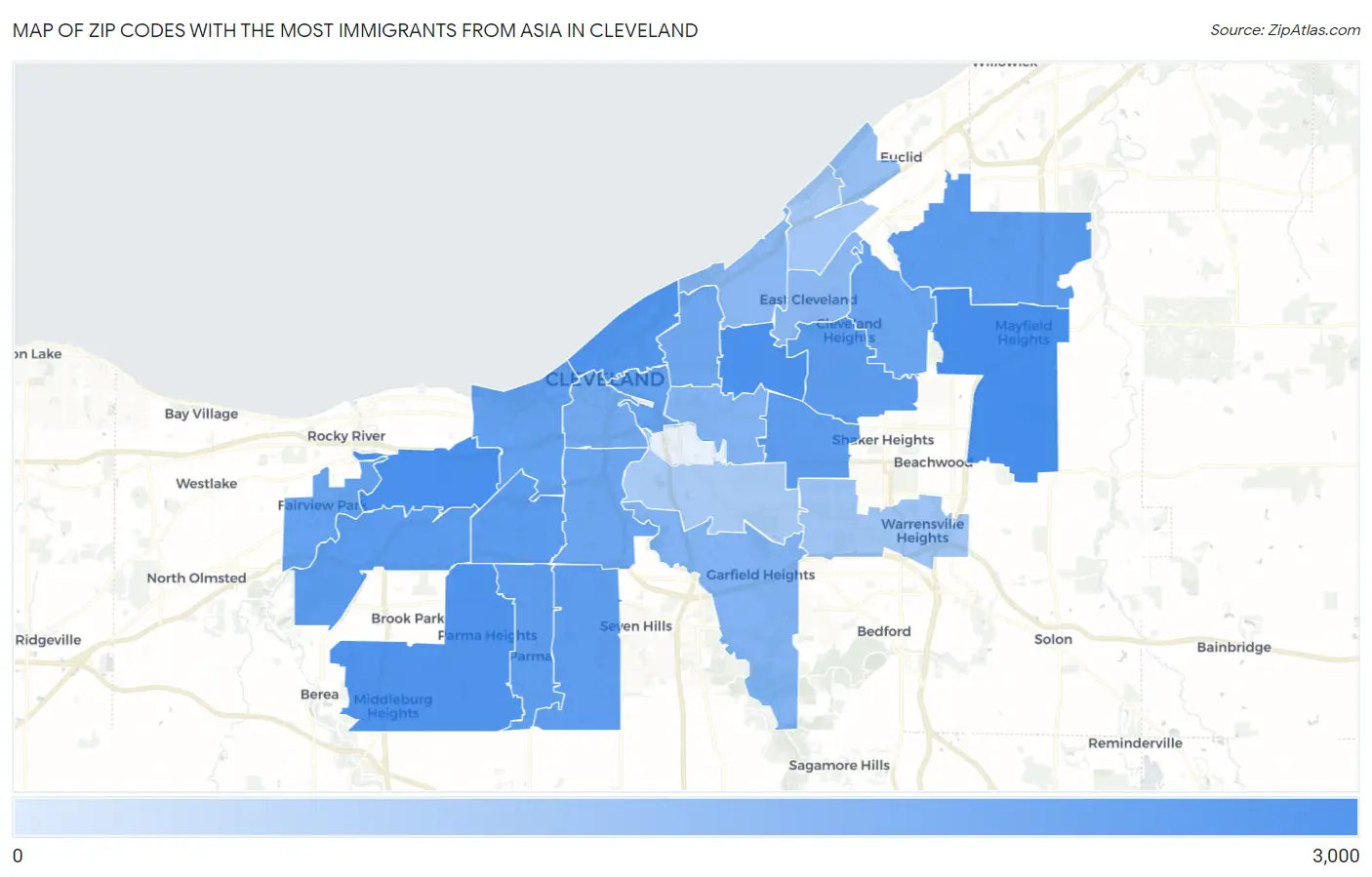 Zip Codes with the Most Immigrants from Asia in Cleveland Map