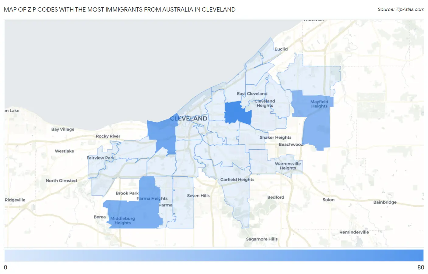 Zip Codes with the Most Immigrants from Australia in Cleveland Map