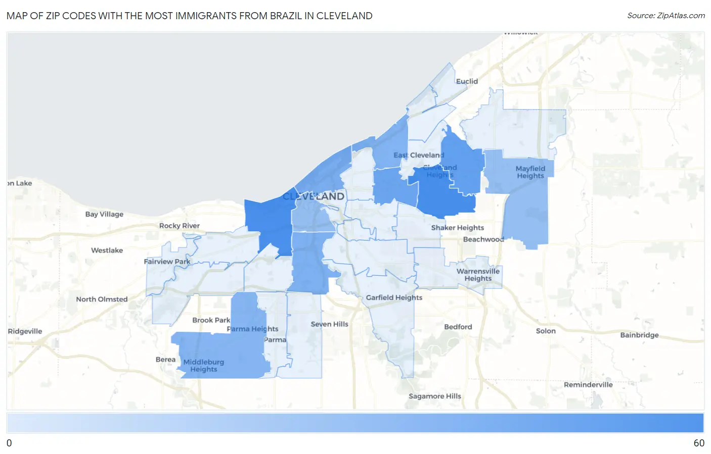 Zip Codes with the Most Immigrants from Brazil in Cleveland Map