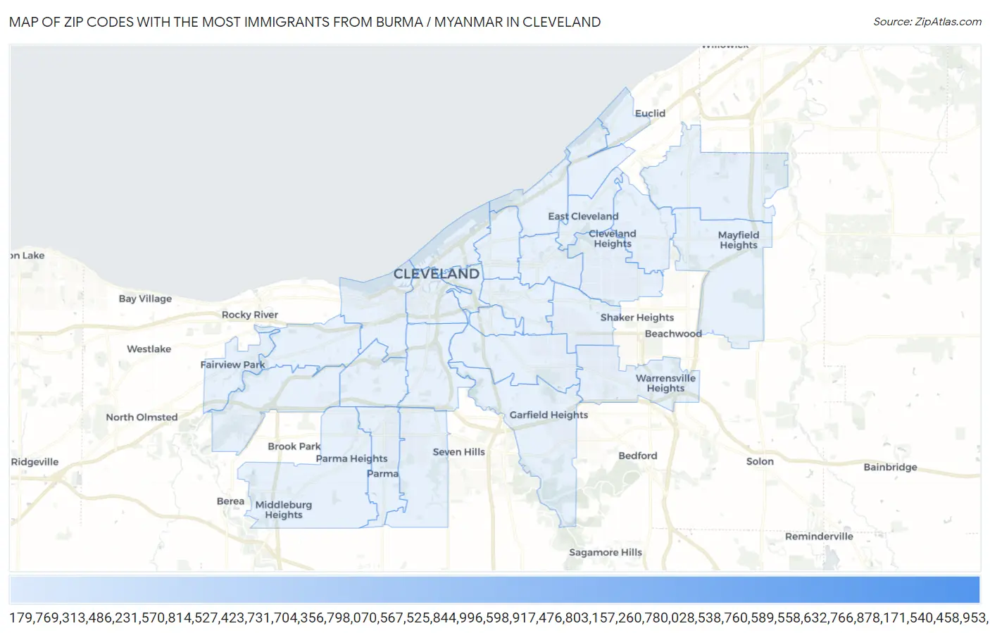 Zip Codes with the Most Immigrants from Burma / Myanmar in Cleveland Map