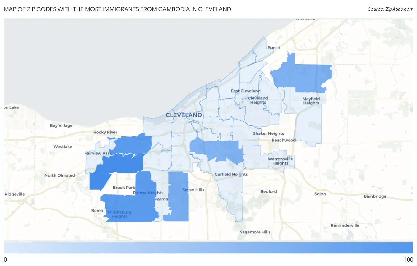 Zip Codes with the Most Immigrants from Cambodia in Cleveland Map