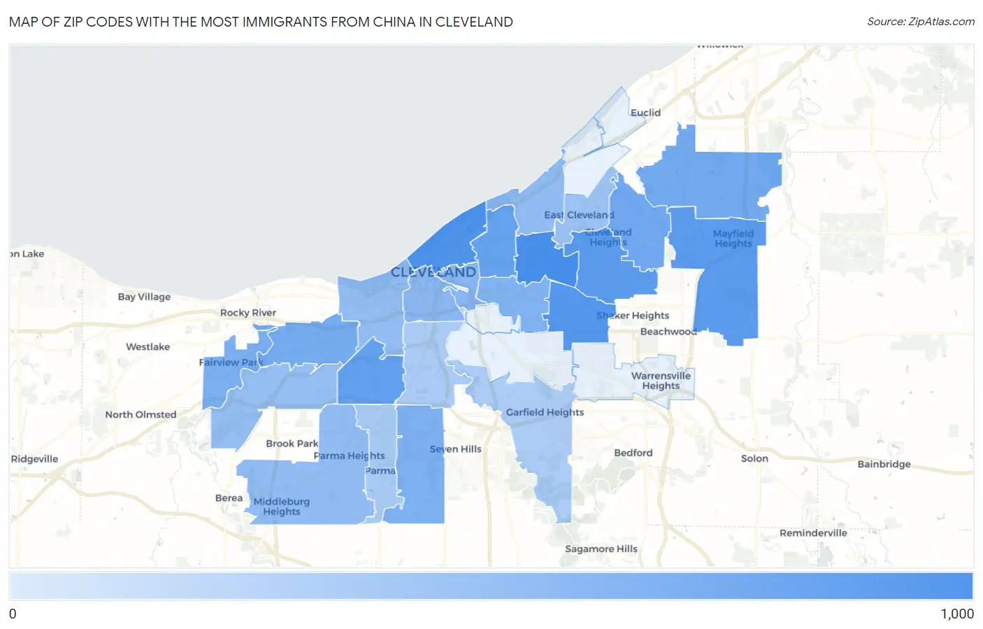 Zip Codes with the Most Immigrants from China in Cleveland Map
