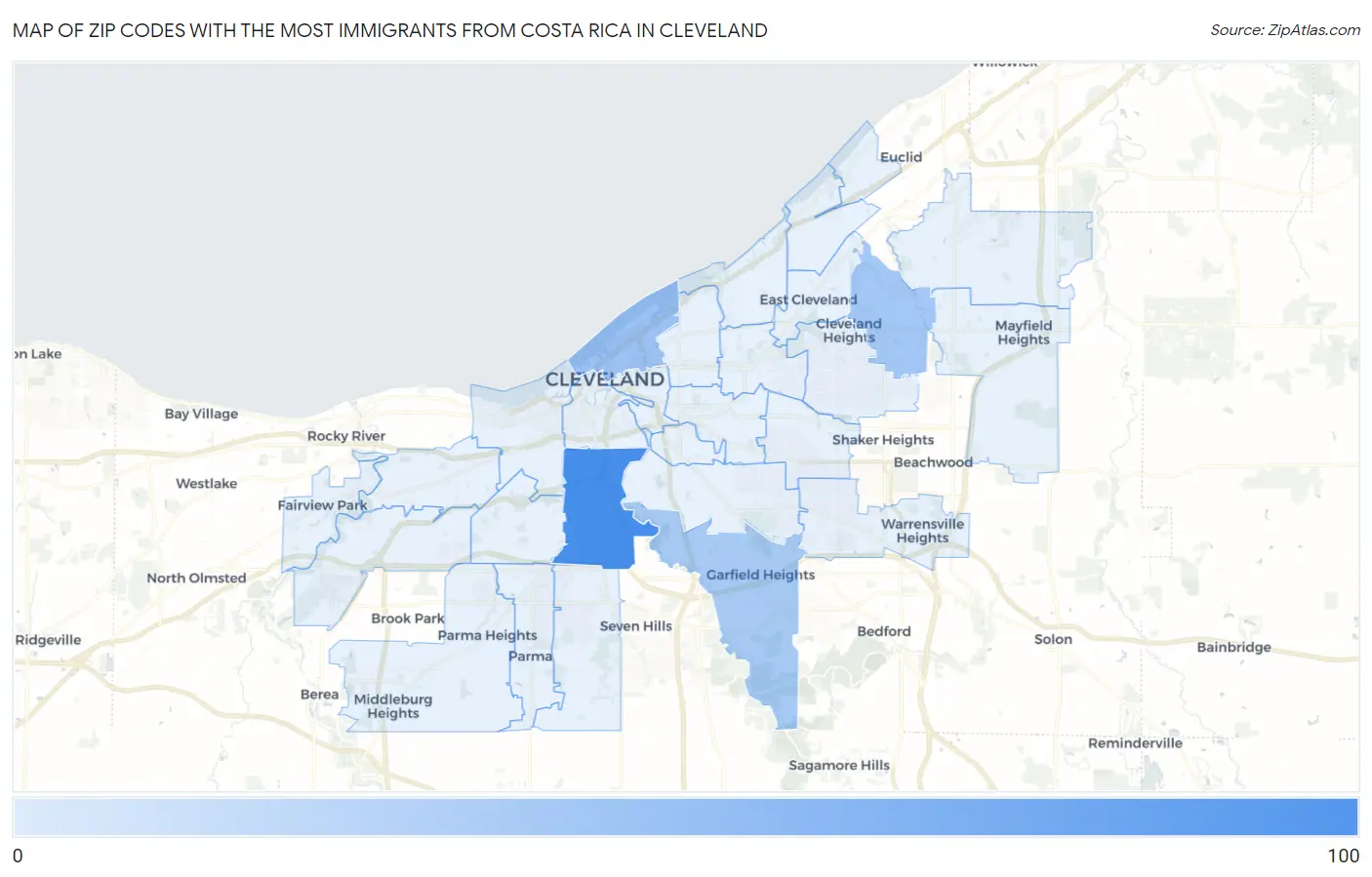 Zip Codes with the Most Immigrants from Costa Rica in Cleveland Map