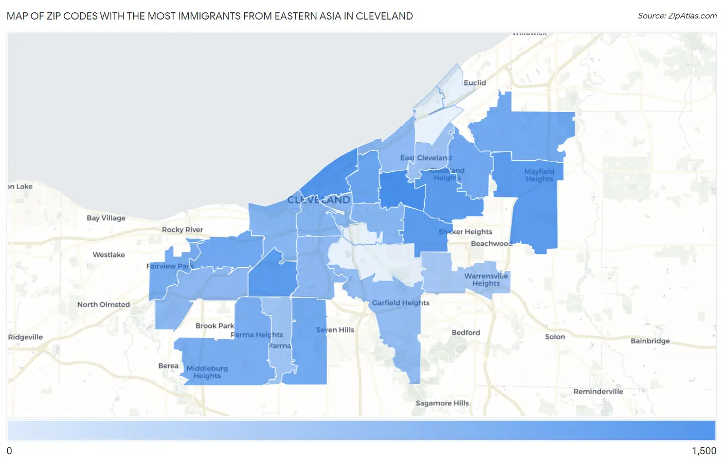 Zip Codes with the Most Immigrants from Eastern Asia in Cleveland Map