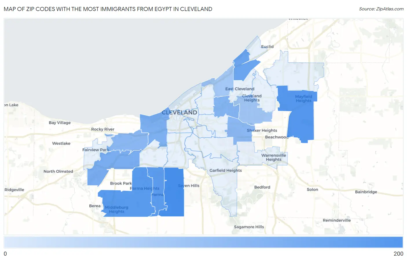 Zip Codes with the Most Immigrants from Egypt in Cleveland Map