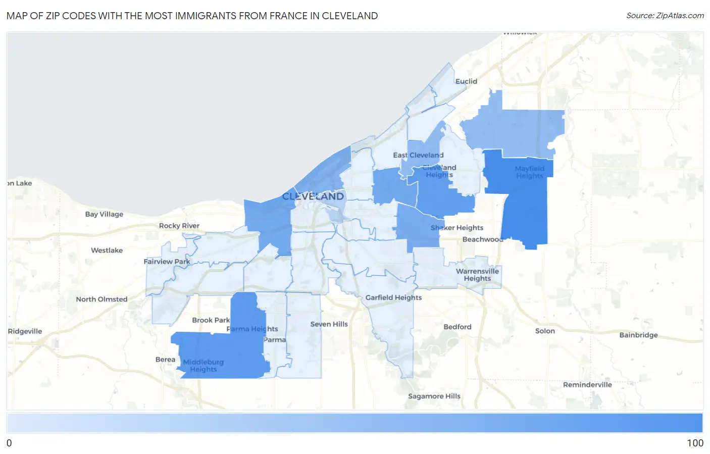 Zip Codes with the Most Immigrants from France in Cleveland Map