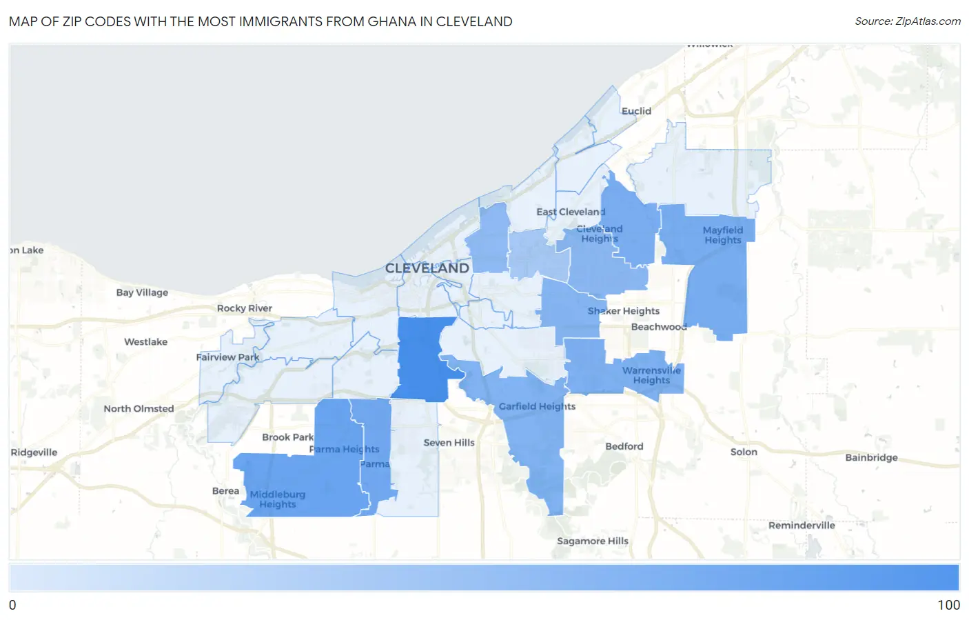 Zip Codes with the Most Immigrants from Ghana in Cleveland Map