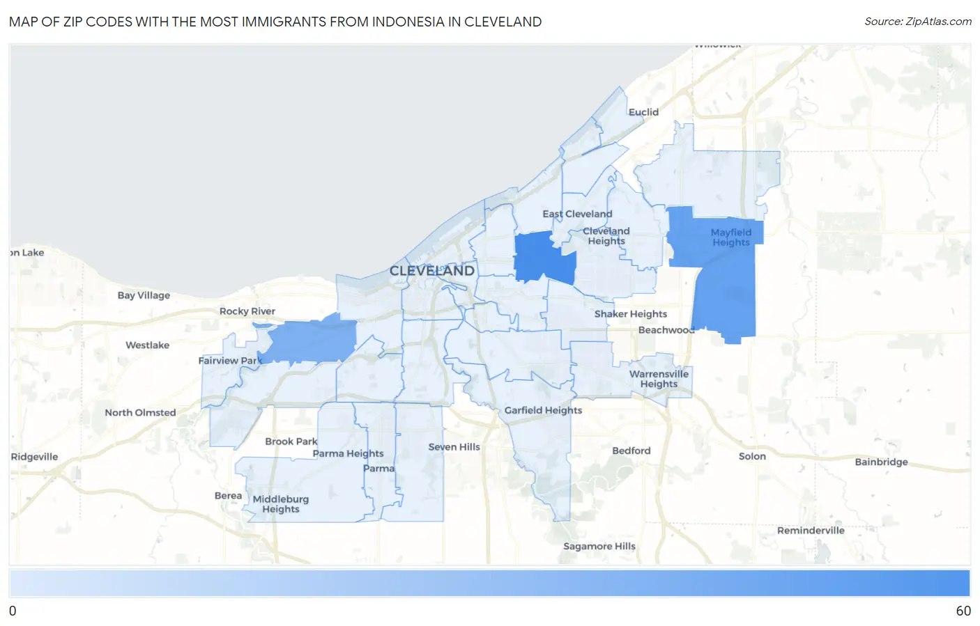 Zip Codes with the Most Immigrants from Indonesia in Cleveland Map