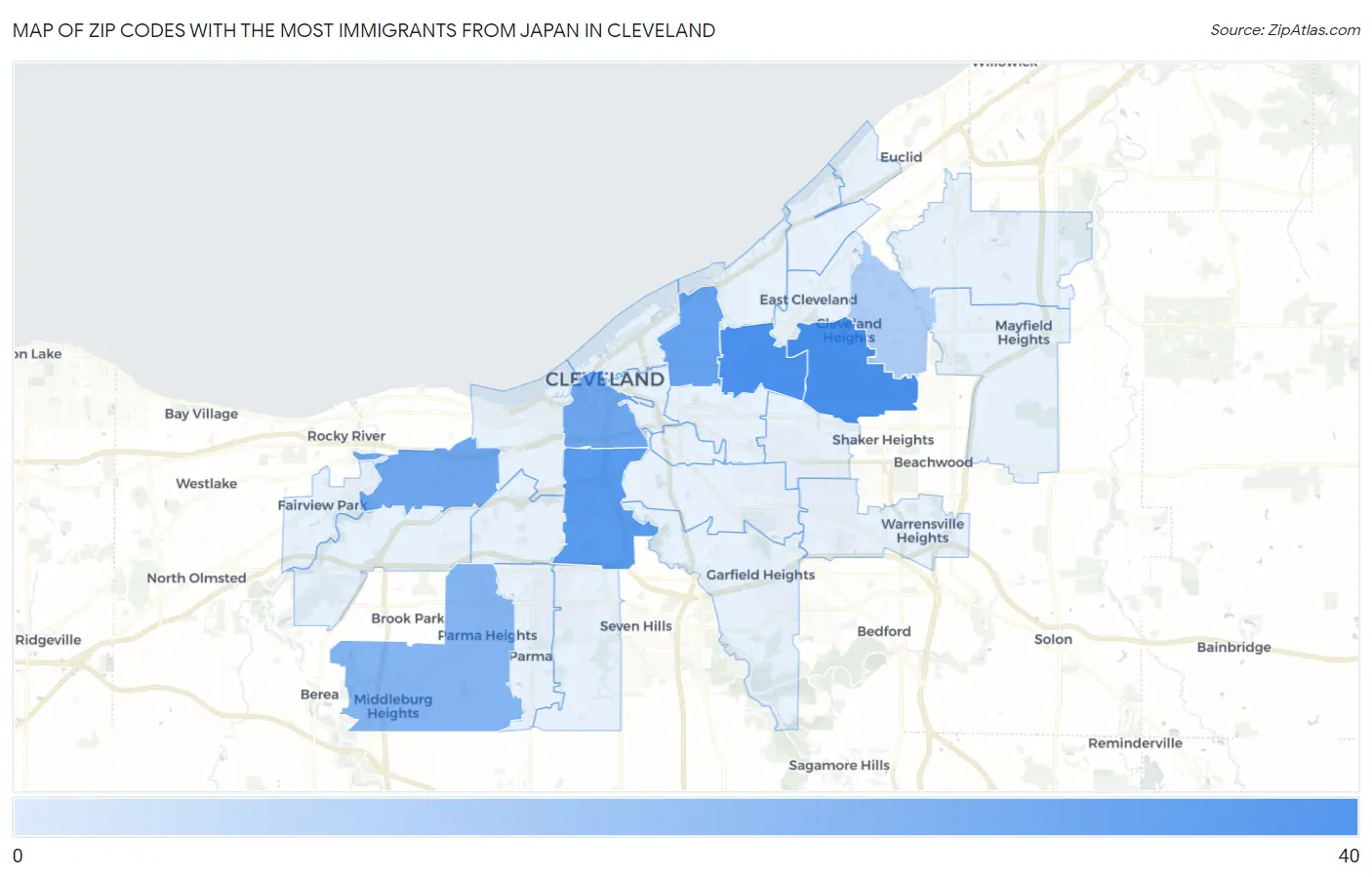 Zip Codes with the Most Immigrants from Japan in Cleveland Map