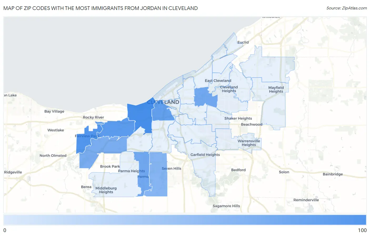 Zip Codes with the Most Immigrants from Jordan in Cleveland Map