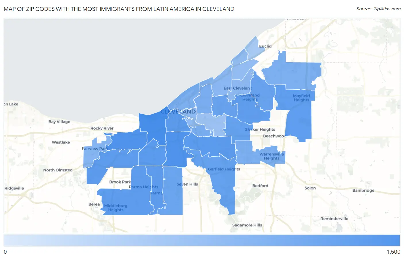 Zip Codes with the Most Immigrants from Latin America in Cleveland Map