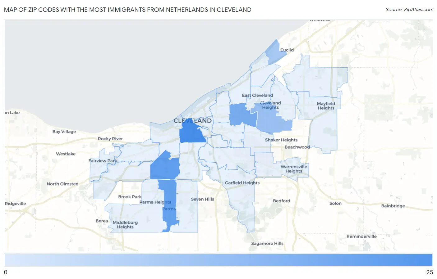 Zip Codes with the Most Immigrants from Netherlands in Cleveland Map